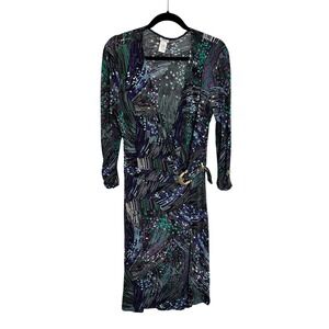 Vintage Cache Wrap Dress Size‎ L Purple Teal Abstract Geometric Print 90s Y2K